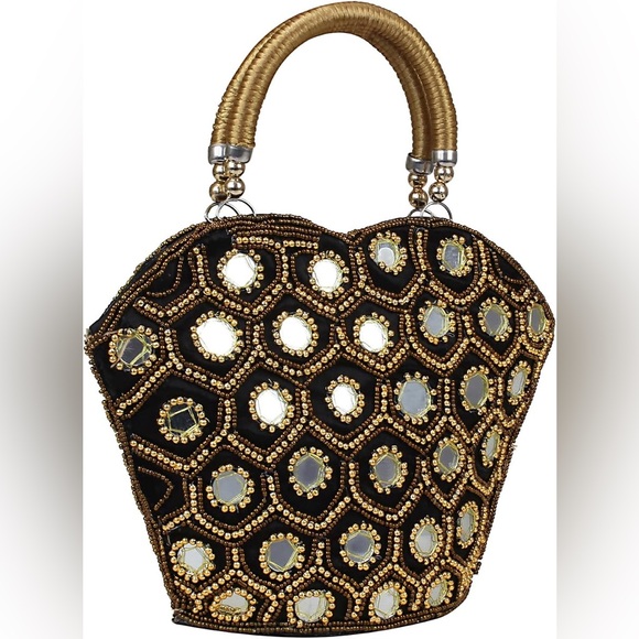 Handbags - Tiana Designs Black Beauty Weave Beaded Bamboo Handle Evening Bag Mirror